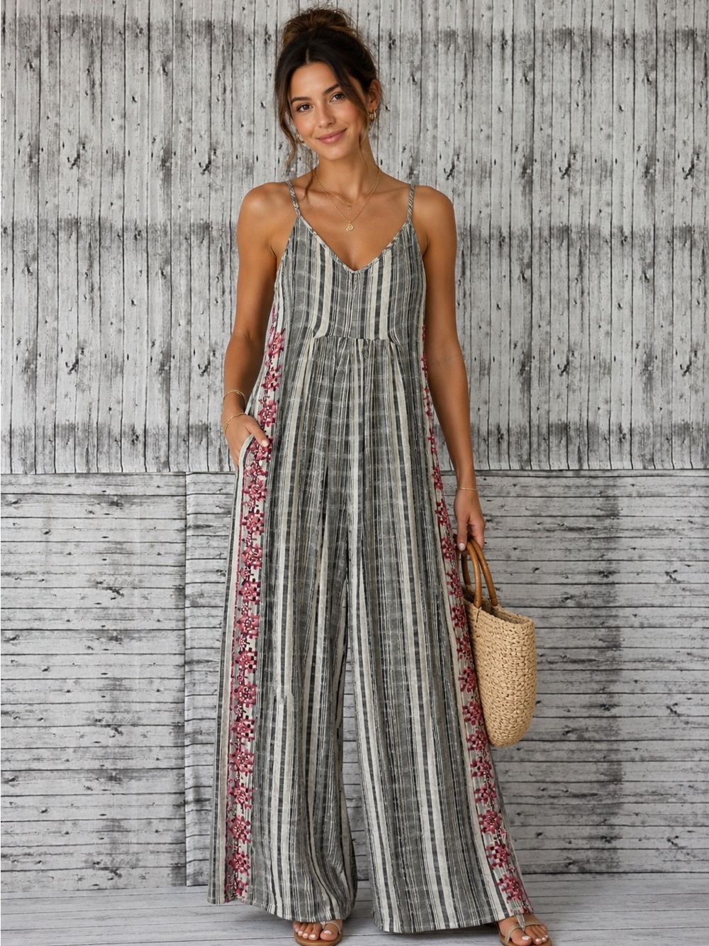 Seen and be seen-Striped Wide-Leg Jumpsuit with Floral Side Panels - Gray